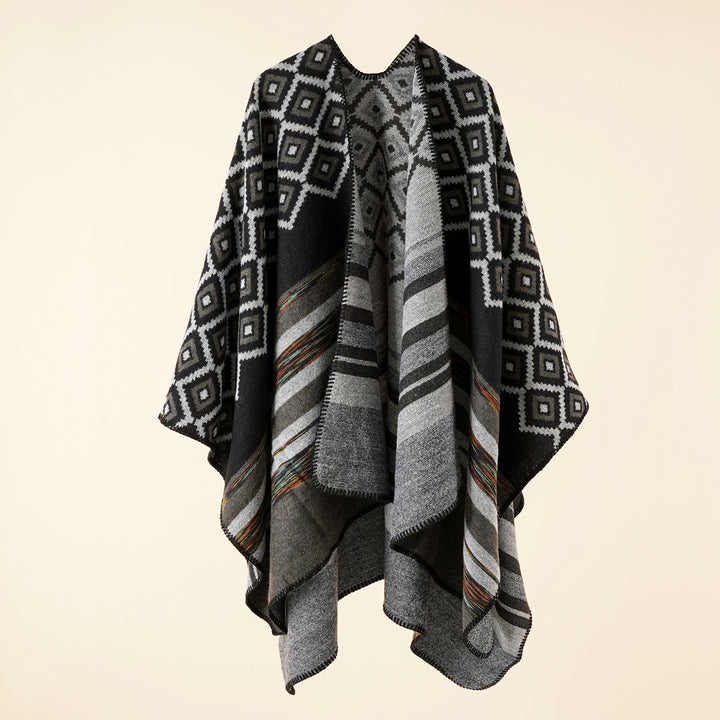 Women's Jacquard Throw with Geometric Square Pattern and Open Front Mune Fashion