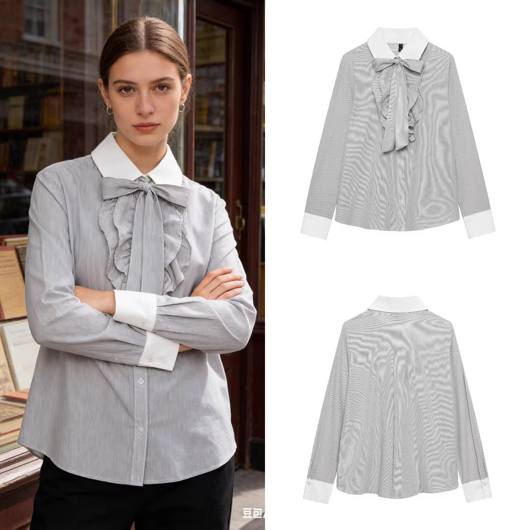 Ladies Striped Blouse with Bow Collar, Ruffle Front and Contrast Cuffs Mune Fashion