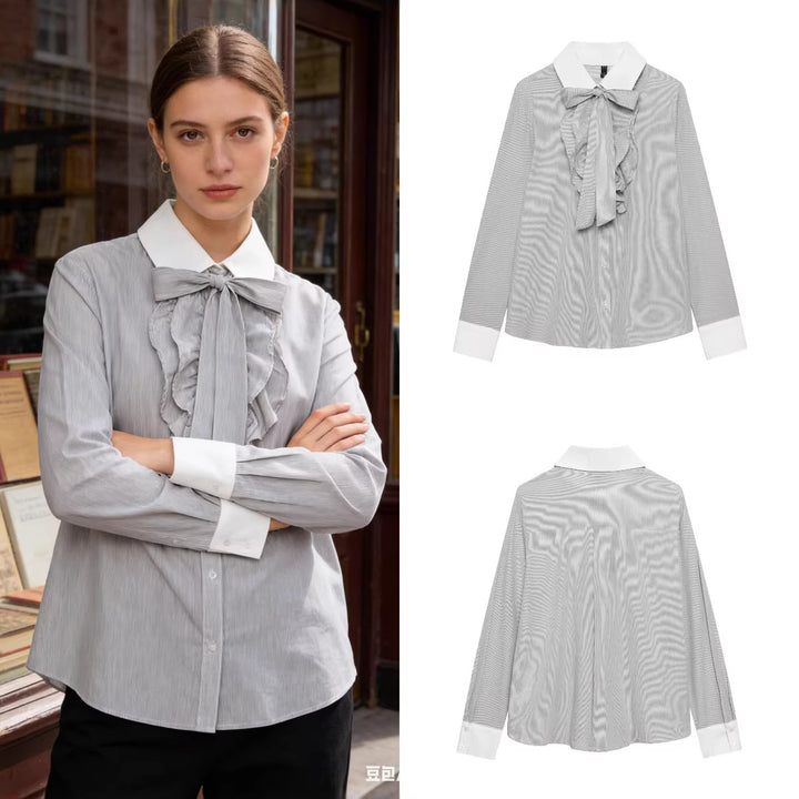 Ladies Striped Blouse with Bow Collar, Ruffle Front and Contrast Cuffs Mune Fashion