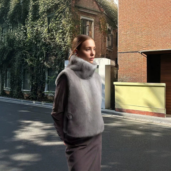 Women’s Sleeveless Faux Fur Vest with High Wrap Collar and Short Cut Mune Fashion