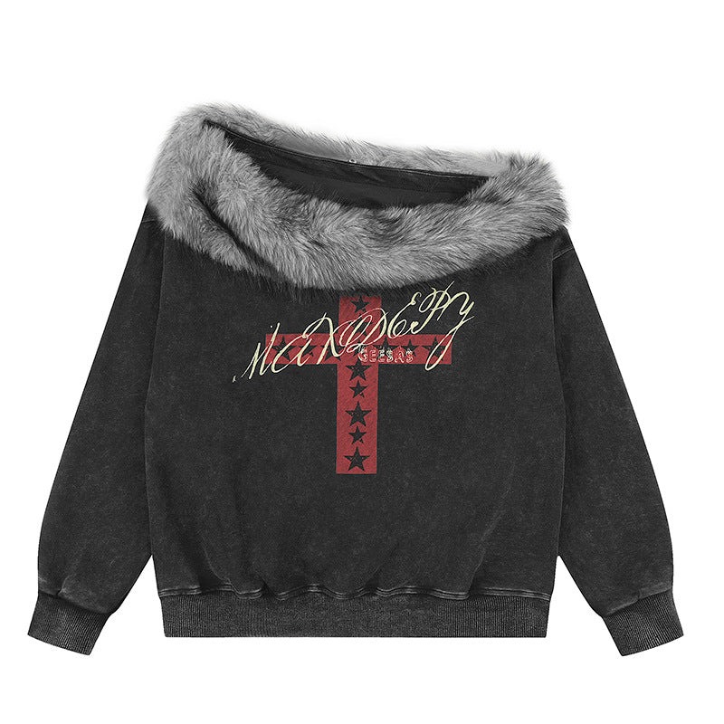 Women's Oversized Sweatshirt with Fur Collar, Vintage Wash and Cross Print Mune Fashion