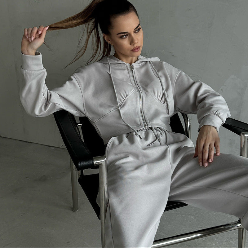 Women short zipper cropped hoodie with high waistband palazzo jogging pants set Mune Fashion