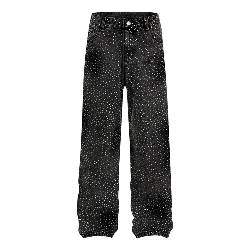 Ladies Wide High-Waist Denim Palazzo Jeans with Allover Rhinestones and Elastic Hem