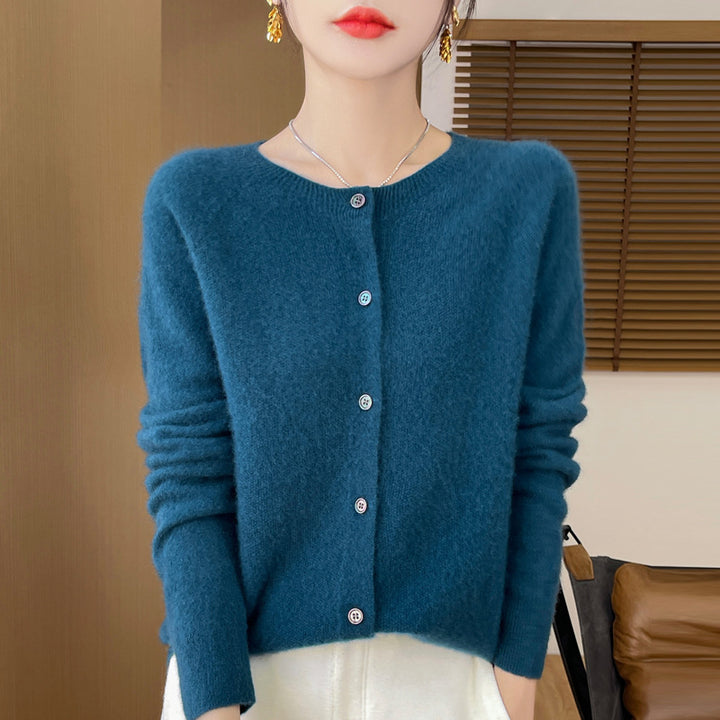 Ladies Cozy Short Cardigan made of Mohair Mix with fine virgin wool texture and mother-of-pearl button placket Mune Fashion