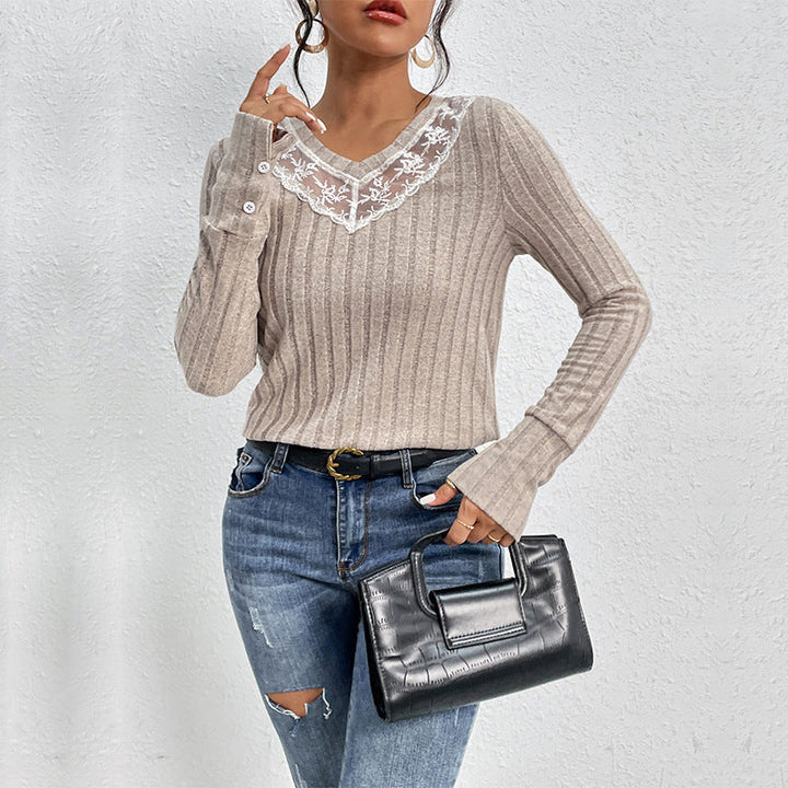 Women's Ribbed Fine Knit Long Sleeve with V-Neck and Lace Yoke Mune Fashion