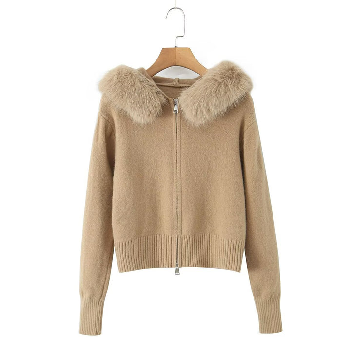Women's Short Cardigan with Zipper and Removable Faux Fur Collar Drune