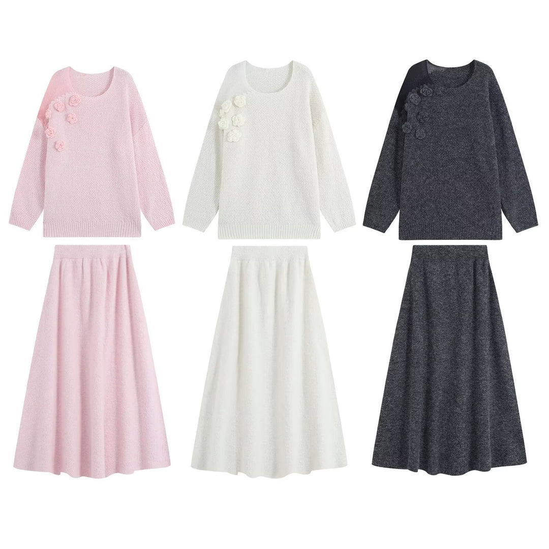 Women's knit set with cozy sweater featuring 3D flower appliqué and A-line skirt Mune Fashion