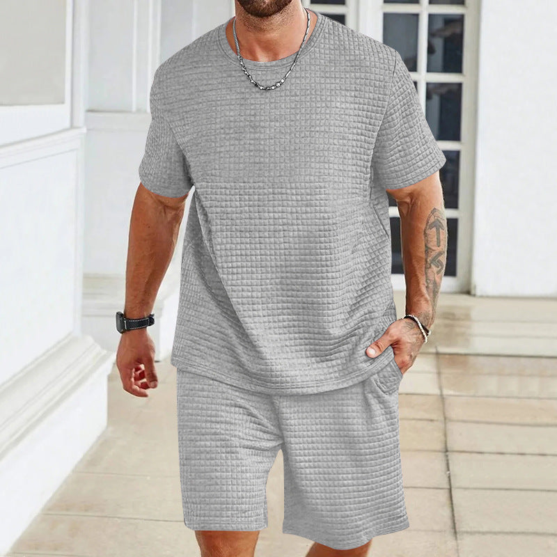 Men's light leisure two-piece set in waffle structure with round neck T-shirt and comfortable shorts Mune Fashion