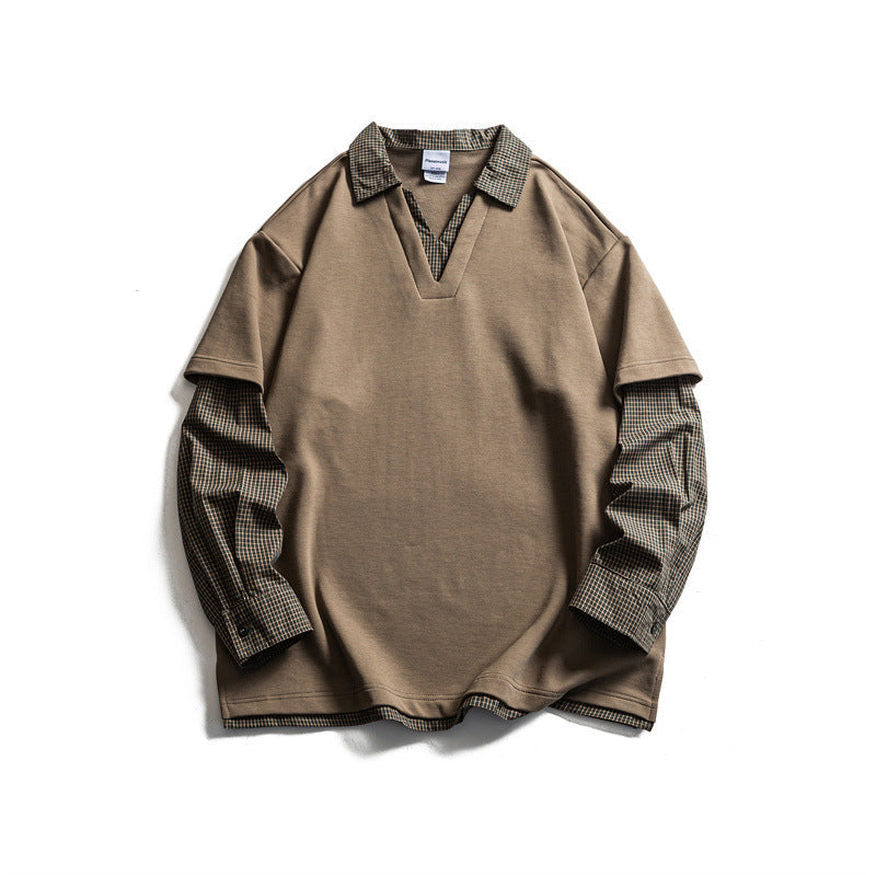 Men's layered look sweater with integrated check shirt collar and inserted shirt sleeves Mune Fashion