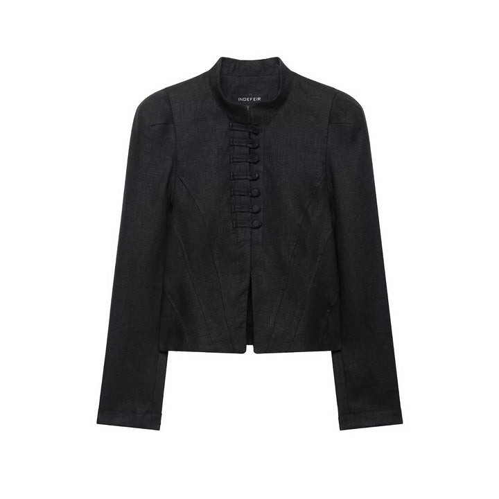 Ladies' short blazer in corset style with stand-up collar, decorative knot closure and tailored division Mune Fashion