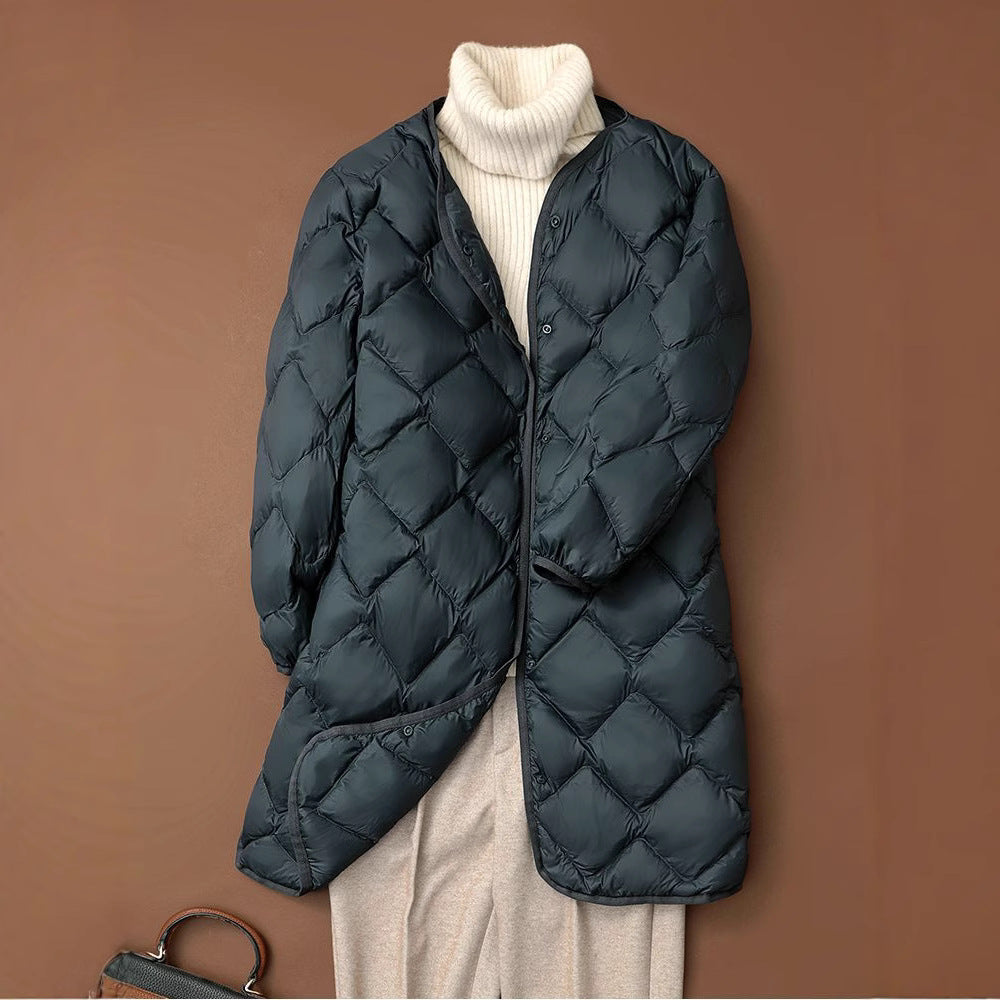 Women's Elegant Long Coat in Quilted Down Look with Diamond Quilting and Concealed Snap Button Placket Mune Fashion