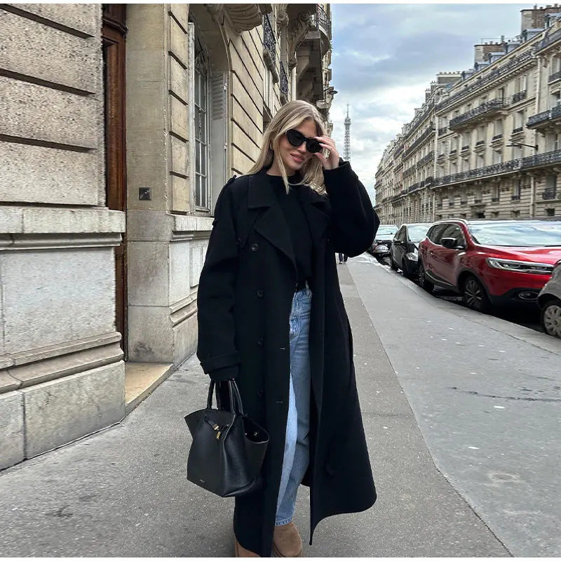 Women long oversized wool coat with wide lapels and belt Mune Fashion