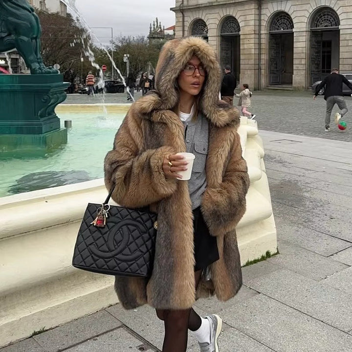 Women's Luxury Faux Fur Coat with A-Line Cut, Hood, and Microfiber Lining Mune Fashion