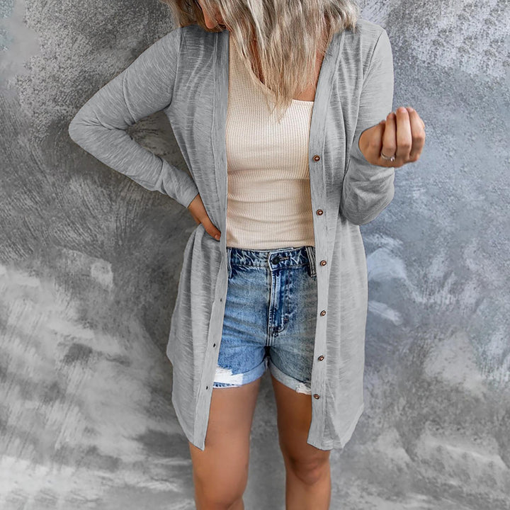 Women's Lightweight Long Cardigan with Button Placket and Ribbed Fine Knit Mune Fashion