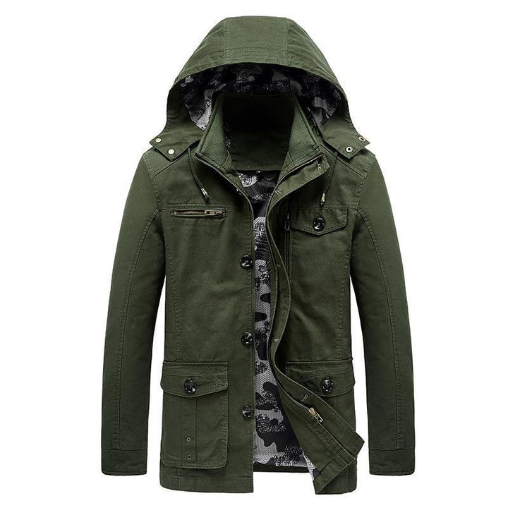 Men's mid-length canvas field jacket with hood, cargo pockets and camouflage lining Mune Fashion