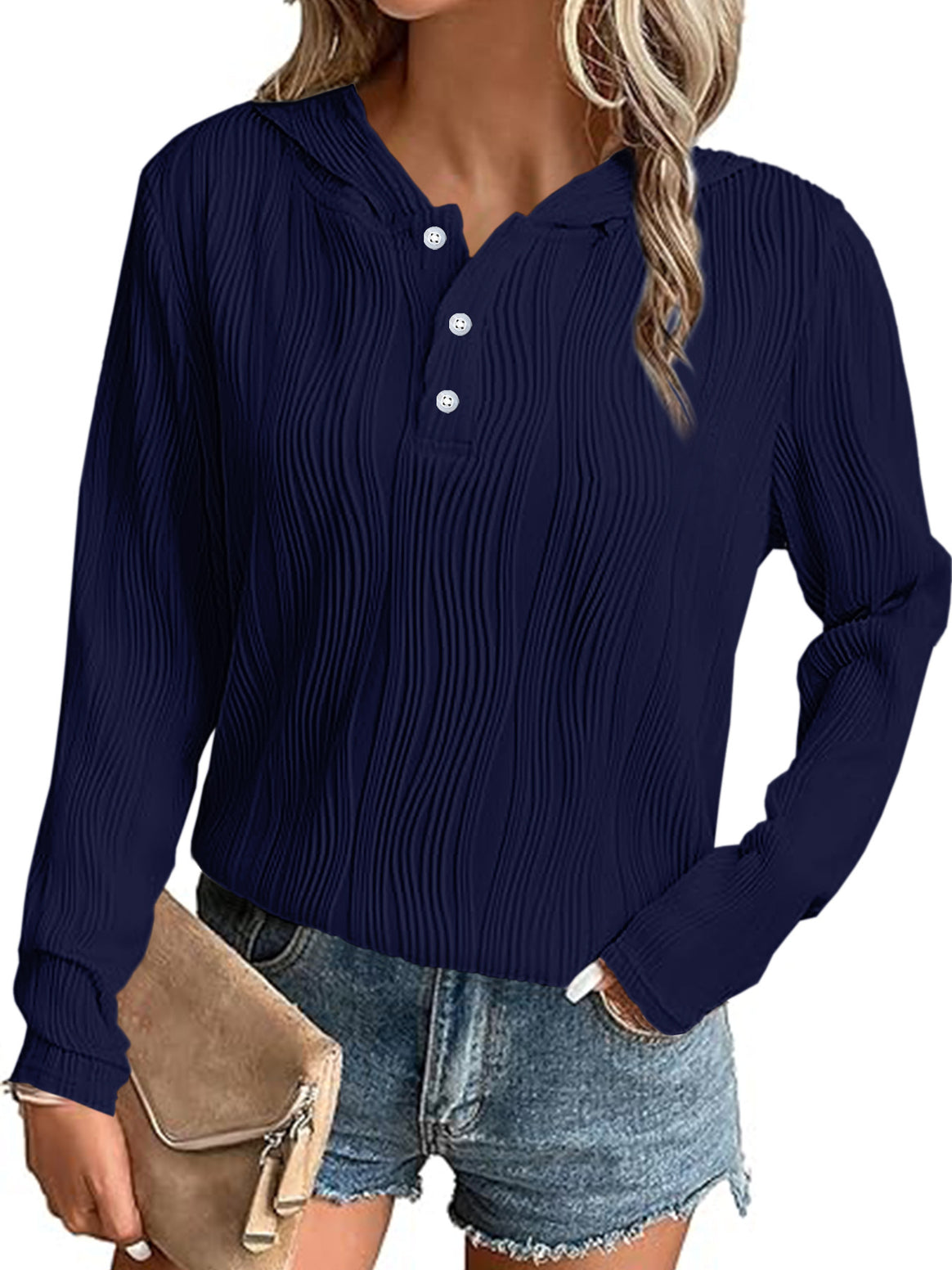 Women's Ribbed Hooded Henley Shirt with Button Placket and Light Texture Mune Fashion