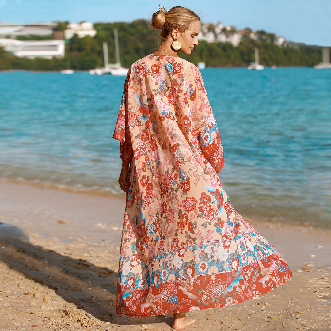 Women's floral beach kimono with wide-cut sleeves