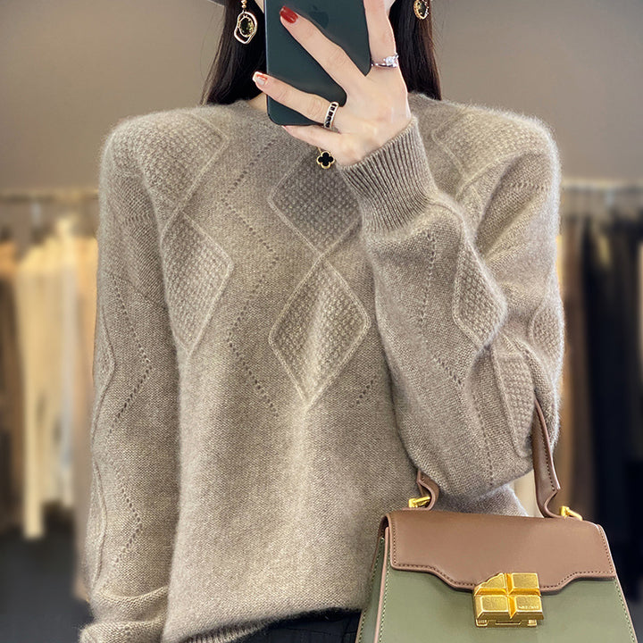 Women's Soft Diamond Pattern Sweater in Mohair Look with Fine Openwork Structure and Round Neckline Mune Fashion