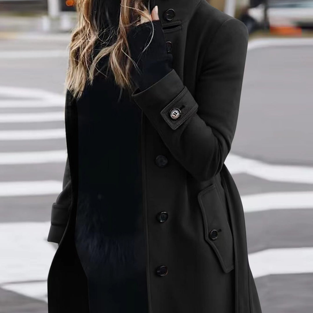 Women's Double-Breasted Trench Coat with High Standing Collar, Waist Belt and Cuff Detail Mune Fashion