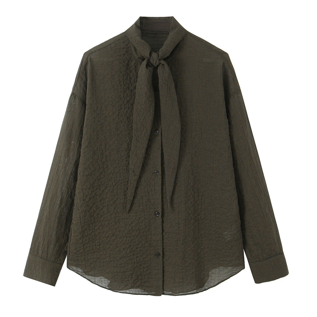 Women's Oversize Blouse with Bow Collar and Fine Vichy Check Mune Fashion