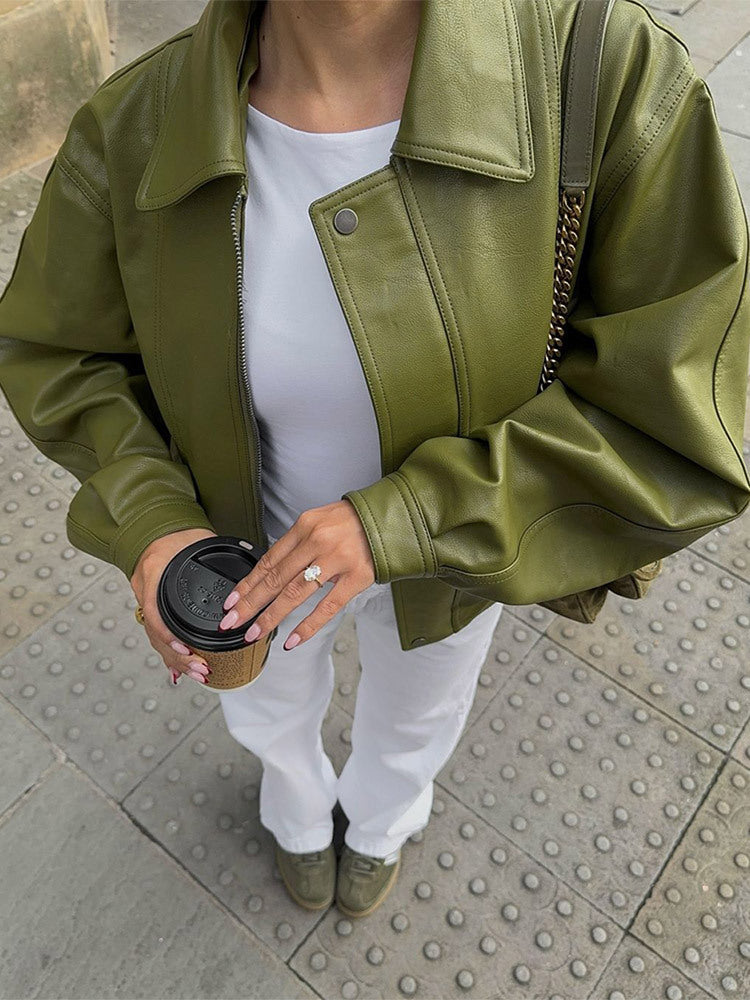 Women's Short Cut Oversized Faux Leather Jacket with Wide Kent Collar, Decorative Stitching and Concealed Zipper Placket Mune Fashion
