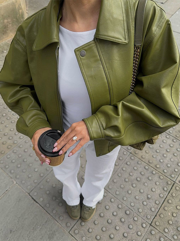Women's Short Cut Oversized Faux Leather Jacket with Wide Kent Collar, Decorative Stitching and Concealed Zipper Placket Mune Fashion