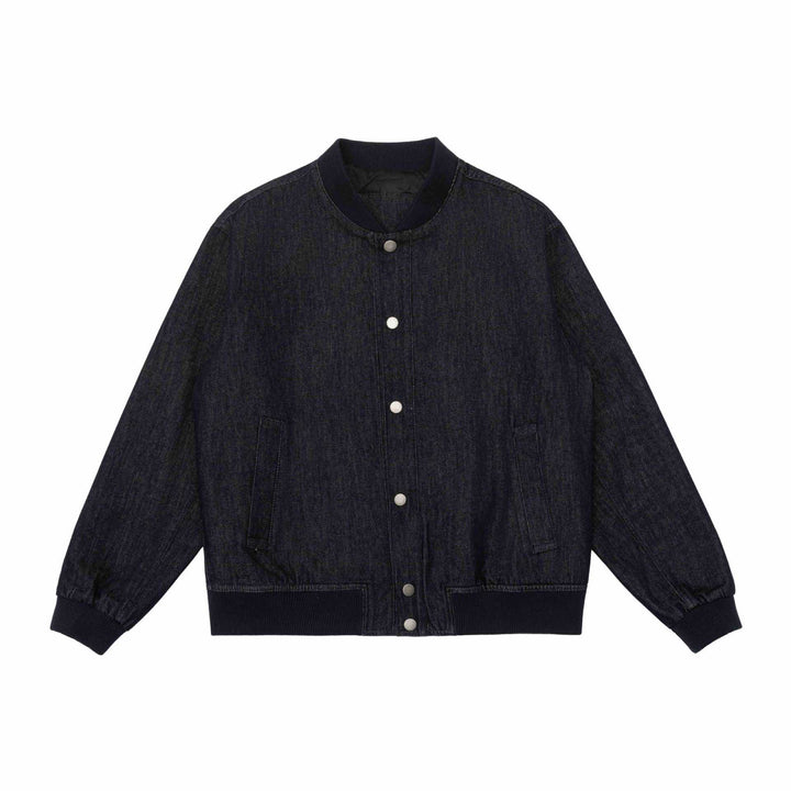 Unisex Boxy Jeans Bomber Jacket with Ribbed Collar, Snap Button Placket and Patch Pockets Mune Fashion
