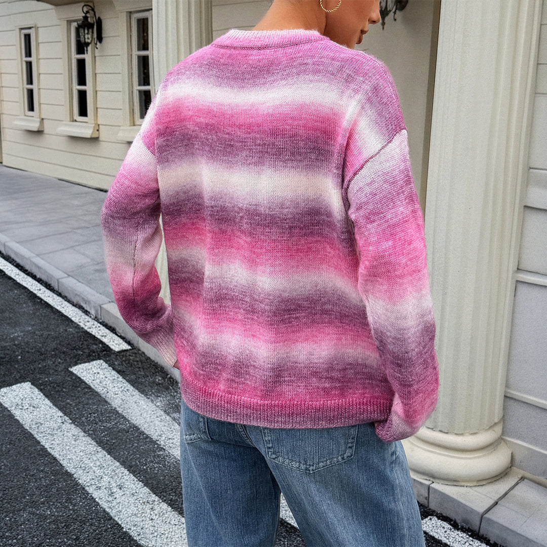 Women's oversized fine knit sweater with ombre gradient, round neckline, and dropped shoulder Mune Fashion