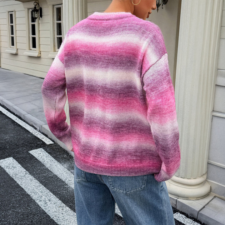 Women's oversized fine knit sweater with ombre gradient, round neckline, and dropped shoulder Mune Fashion