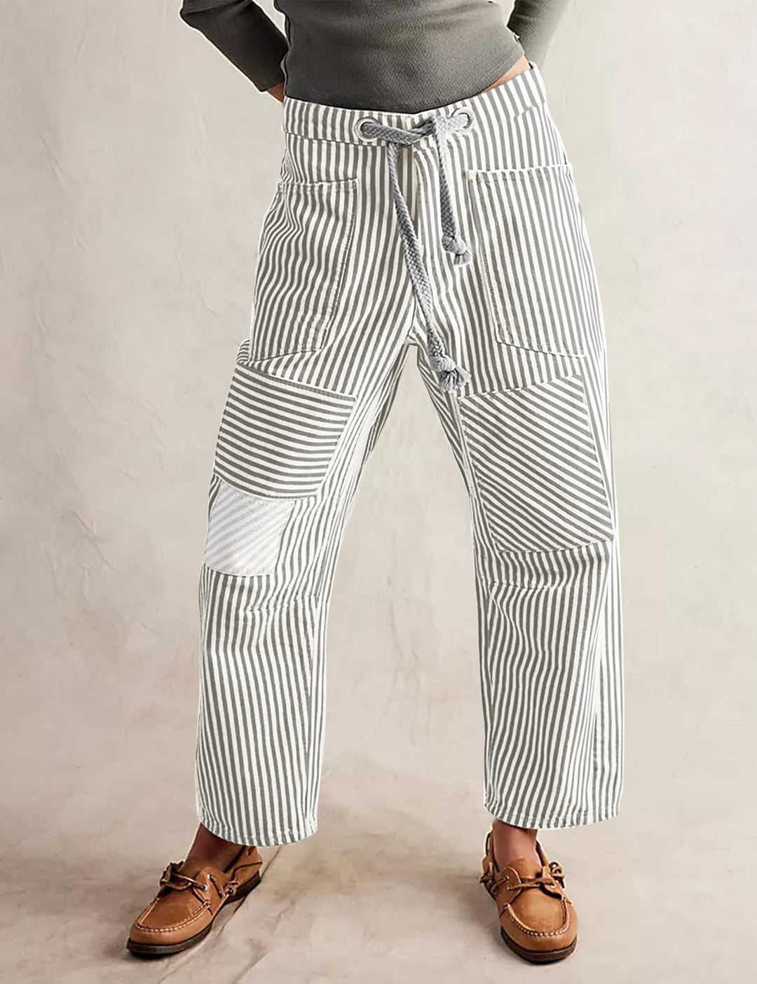 Women casual striped linen pants with drawstring and patch pockets Mune Fashion