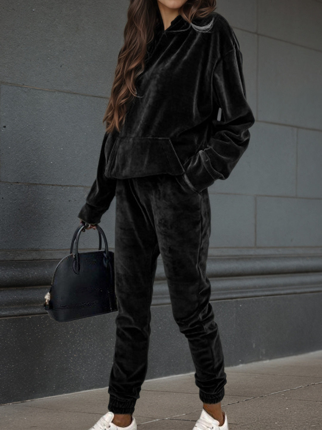 Women's Velvet Tracksuit with Hooded Hoodie, Kangaroo Pocket and Elastic Cuff Pants Mune Fashion