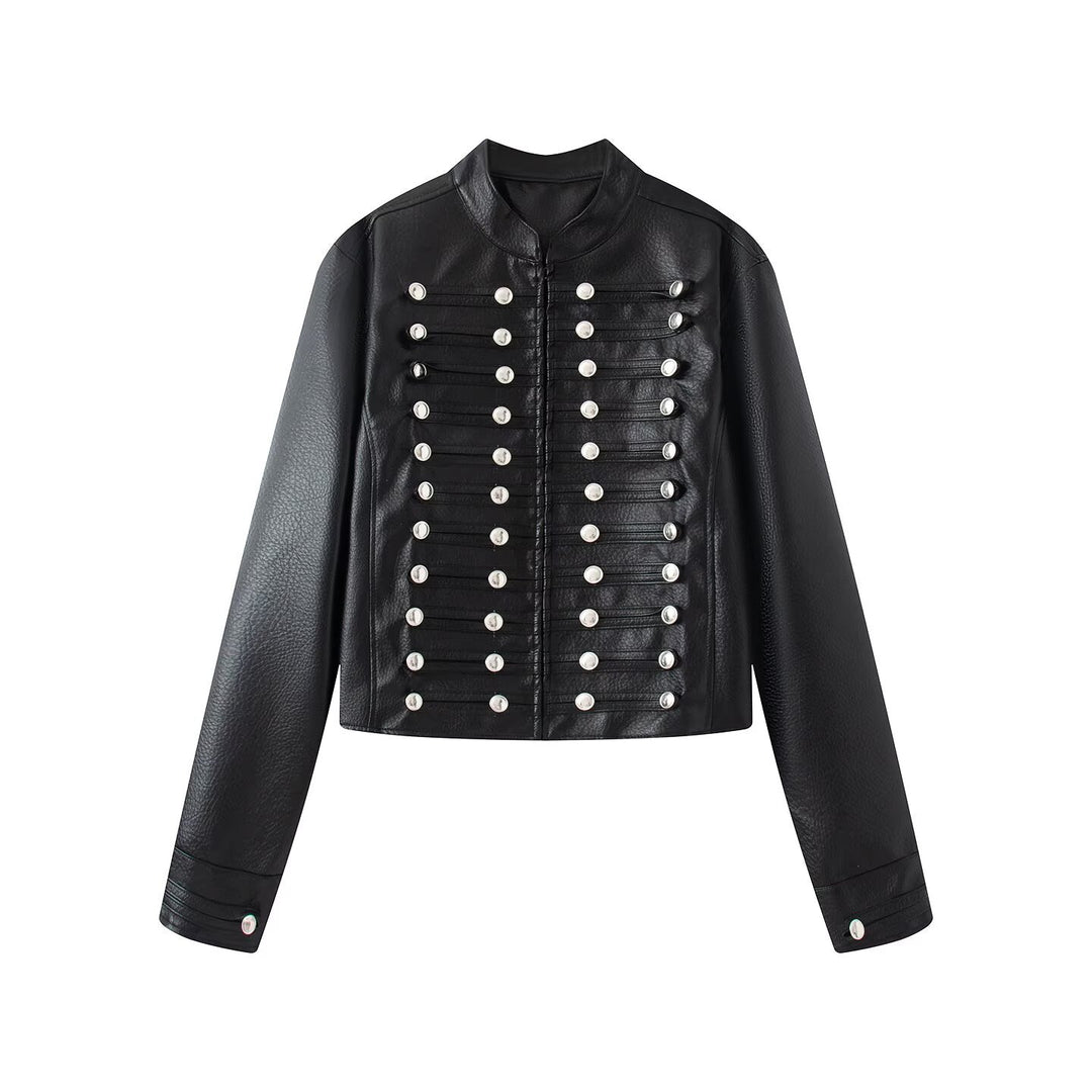 Women's short jacket in hussar style made of faux leather with decorative row buttons Mune Fashion