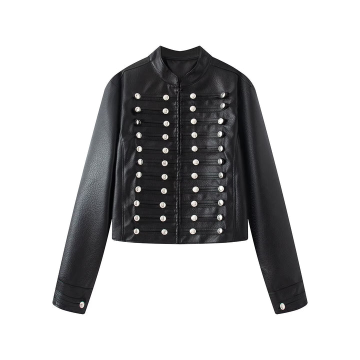 Women's short jacket in hussar style made of faux leather with decorative row buttons Mune Fashion
