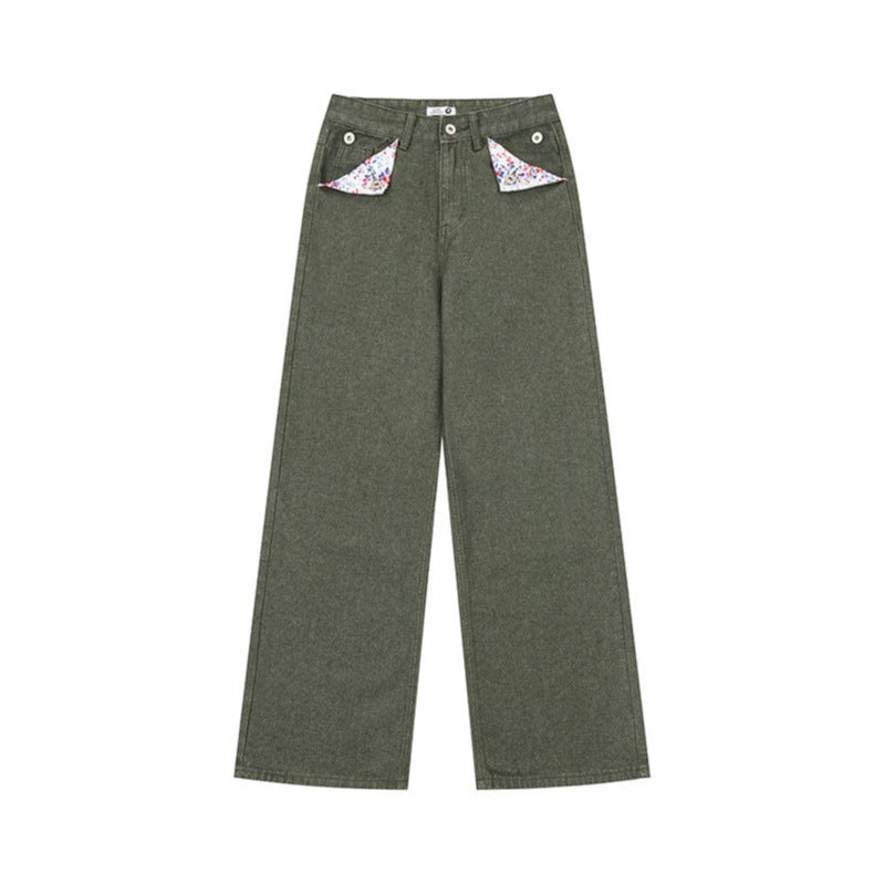 Women Loose High-Waist Jeans in Palazzo Cut with Decorative Stitching and Floral Pocket Lining Mune Fashion