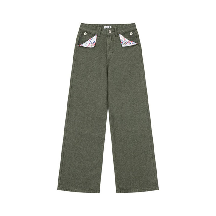 Women Loose High-Waist Jeans in Palazzo Cut with Decorative Stitching and Floral Pocket Lining Mune Fashion