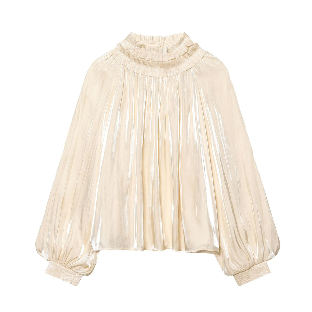 Women's pleated high-neck blouse with ruffled collar, balloon sleeves and elastic cuffs Mune Fashion