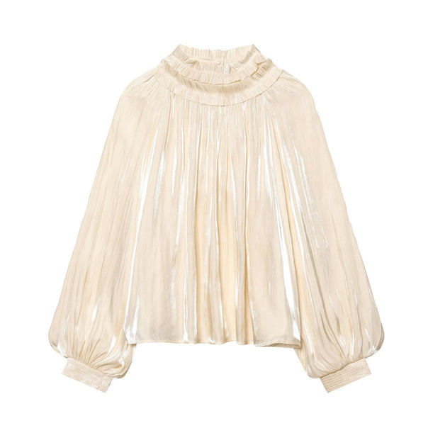 Women's pleated high-neck blouse with ruffled collar, balloon sleeves and elastic cuffs Mune Fashion