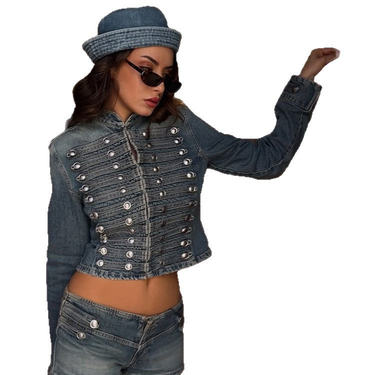 Women's short cut military-inspired denim jacket with decorative stripes and metal buttons Mune Fashion