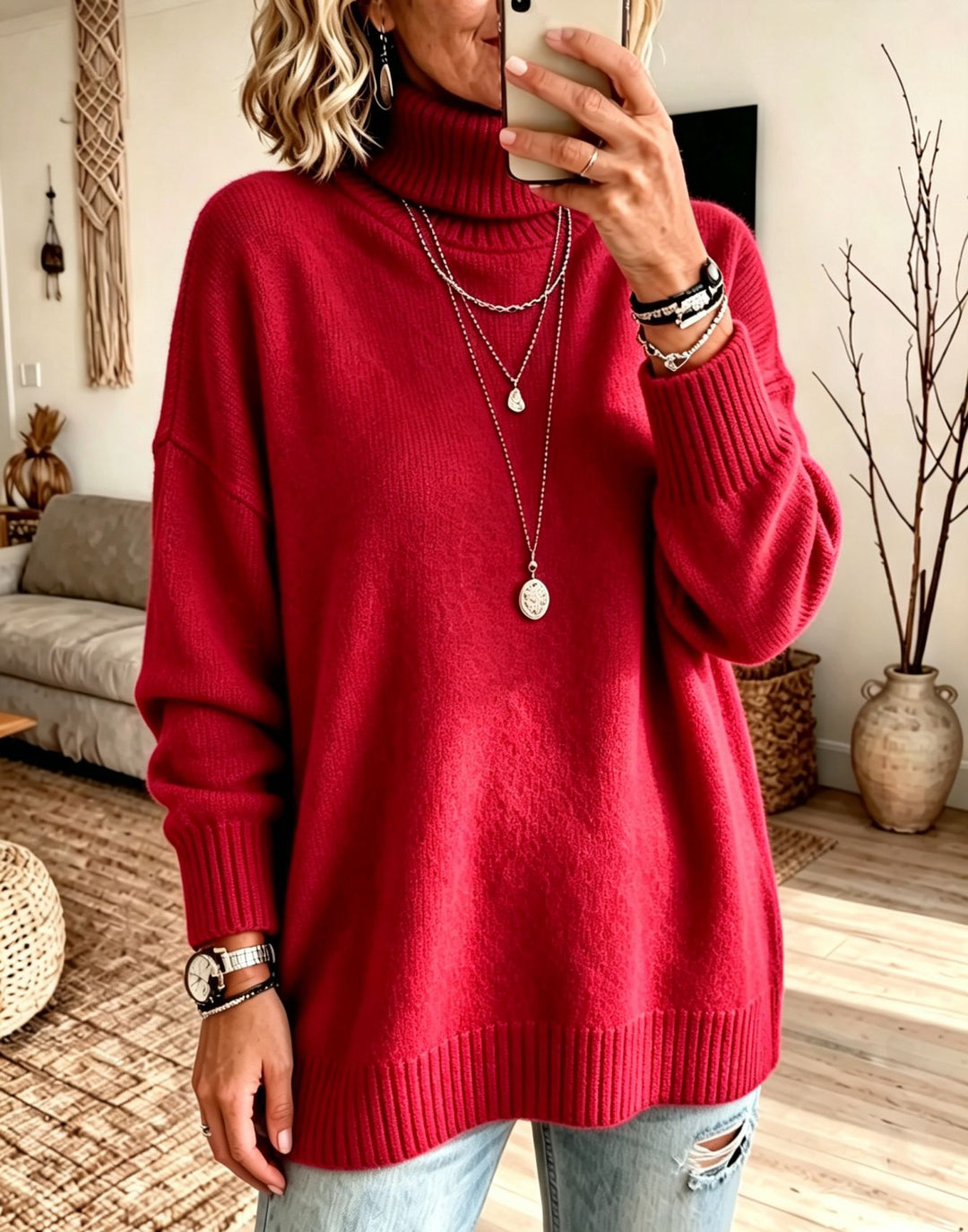 Women's Oversize Rollneck Sweater made of fine knit with ribbed cuffs and dropped shoulders Mune Fashion
