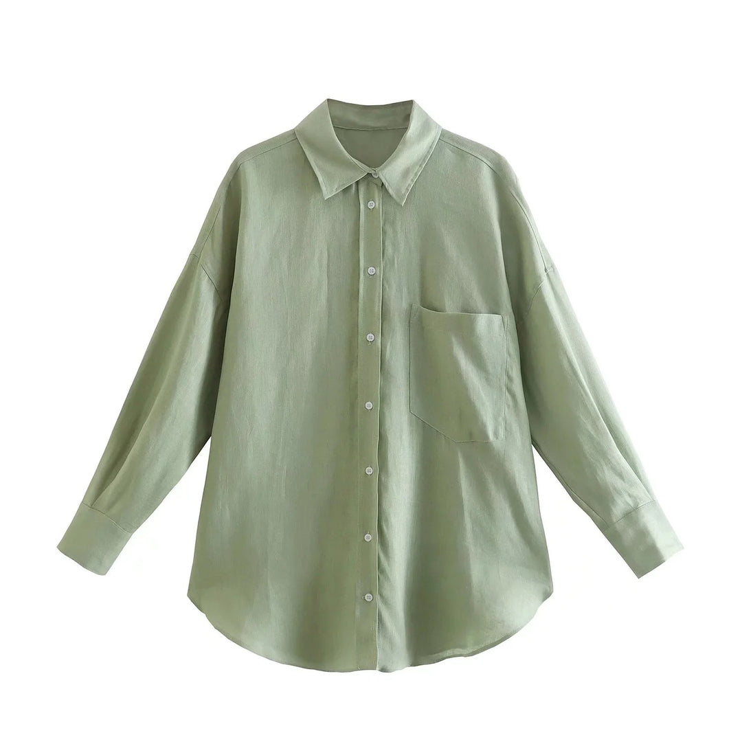 Women's Oversized Shirt Blouse made of Linen Blend with Dropped Shoulder and Chest Pocket Mune Fashion