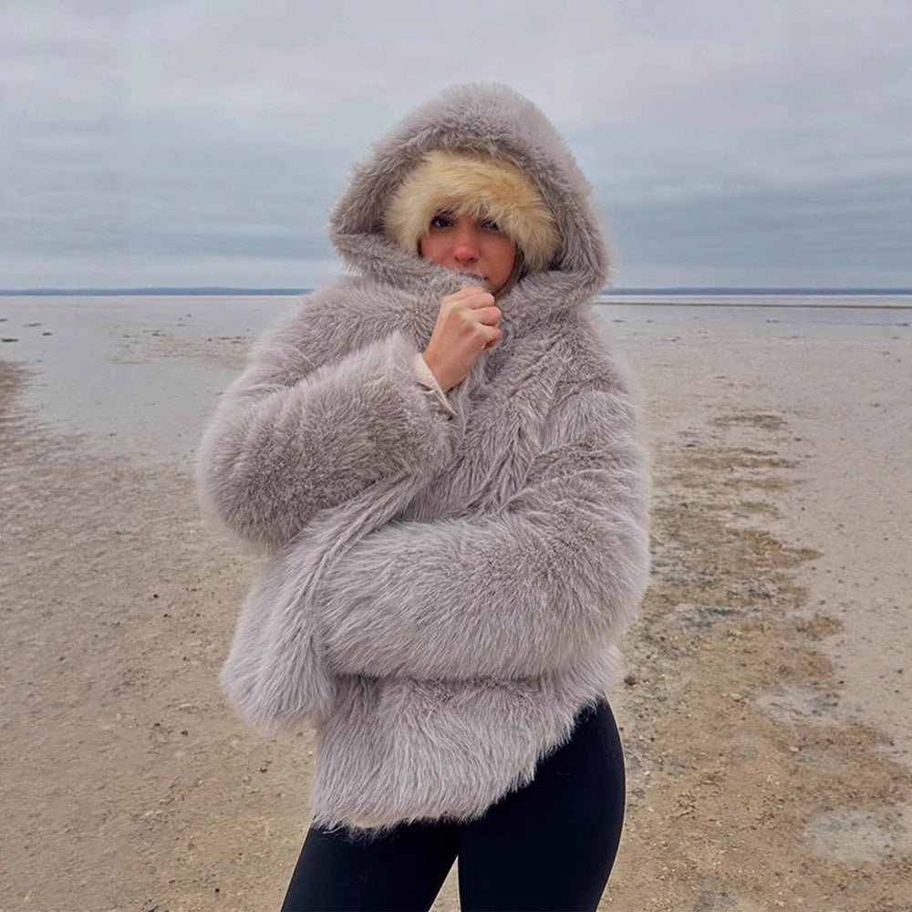 Women's Cozy Short Faux Fur Jacket with Extra Voluminous Hood Mune Fashion