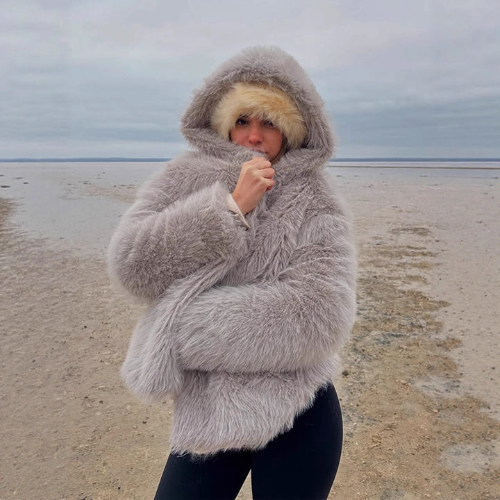 Women's Cozy Short Faux Fur Jacket with Extra Voluminous Hood Mune Fashion