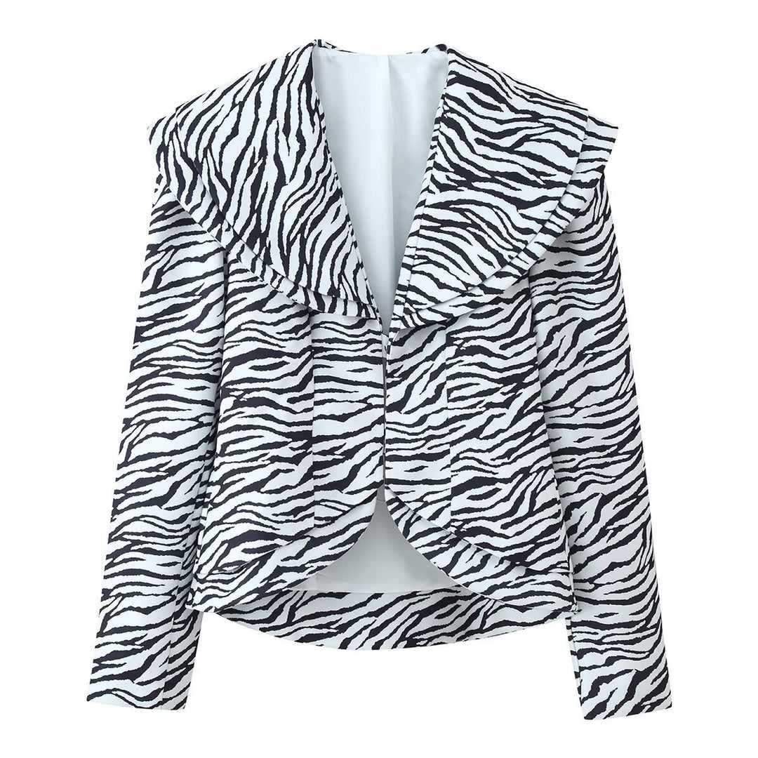 Women's Short Blazer with Oversized Shawl Collar and Zebra Print Mune Fashion