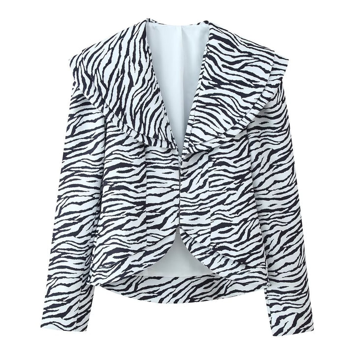 Women's Short Blazer with Oversized Shawl Collar and Zebra Print Mune Fashion