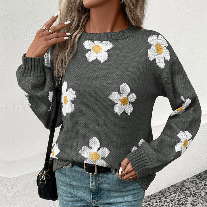 Women's Oversize Sweater with Floral Jacquard, Round Neck and Balloon Sleeves Mune Fashion