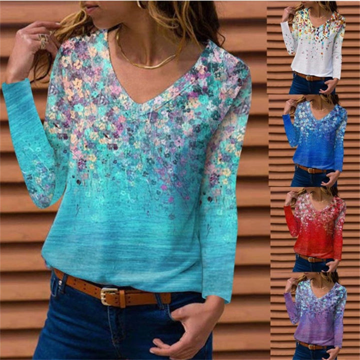 Women Long Sleeve V-Neck Tunic with Floral Watercolor Print and Light Jersey Quality Mune Fashion