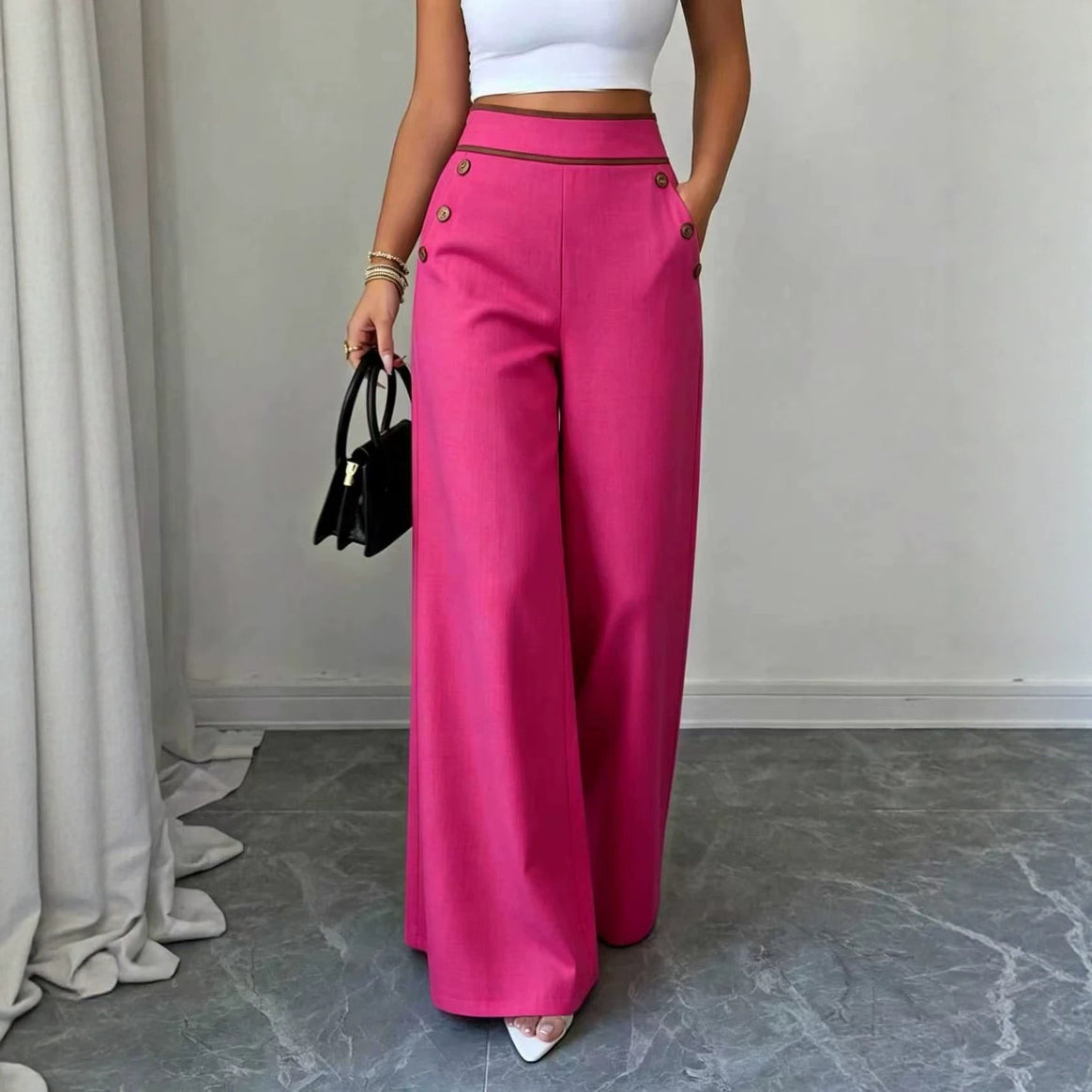 Women's High-Waisted Palazzo Pants with Decorative Buttons and Wide Legs Mune Fashion
