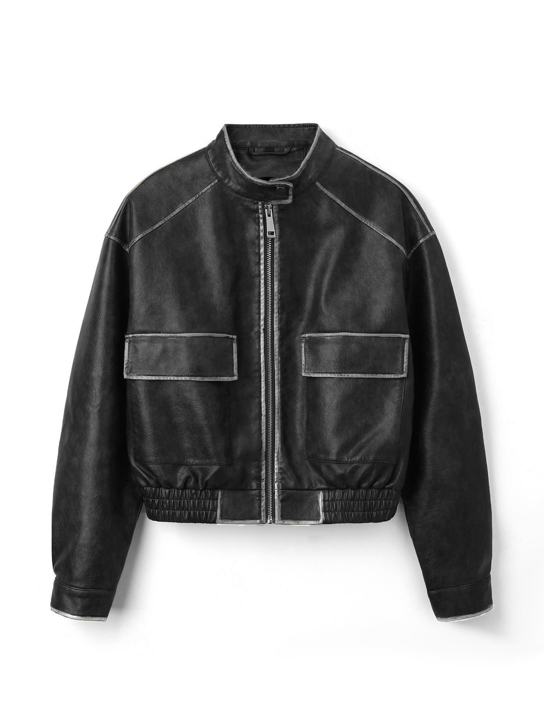Men's Vintage Leather Bomber Jacket with Stand Collar, Flap Pockets and Elastic Waist Mune Fashion