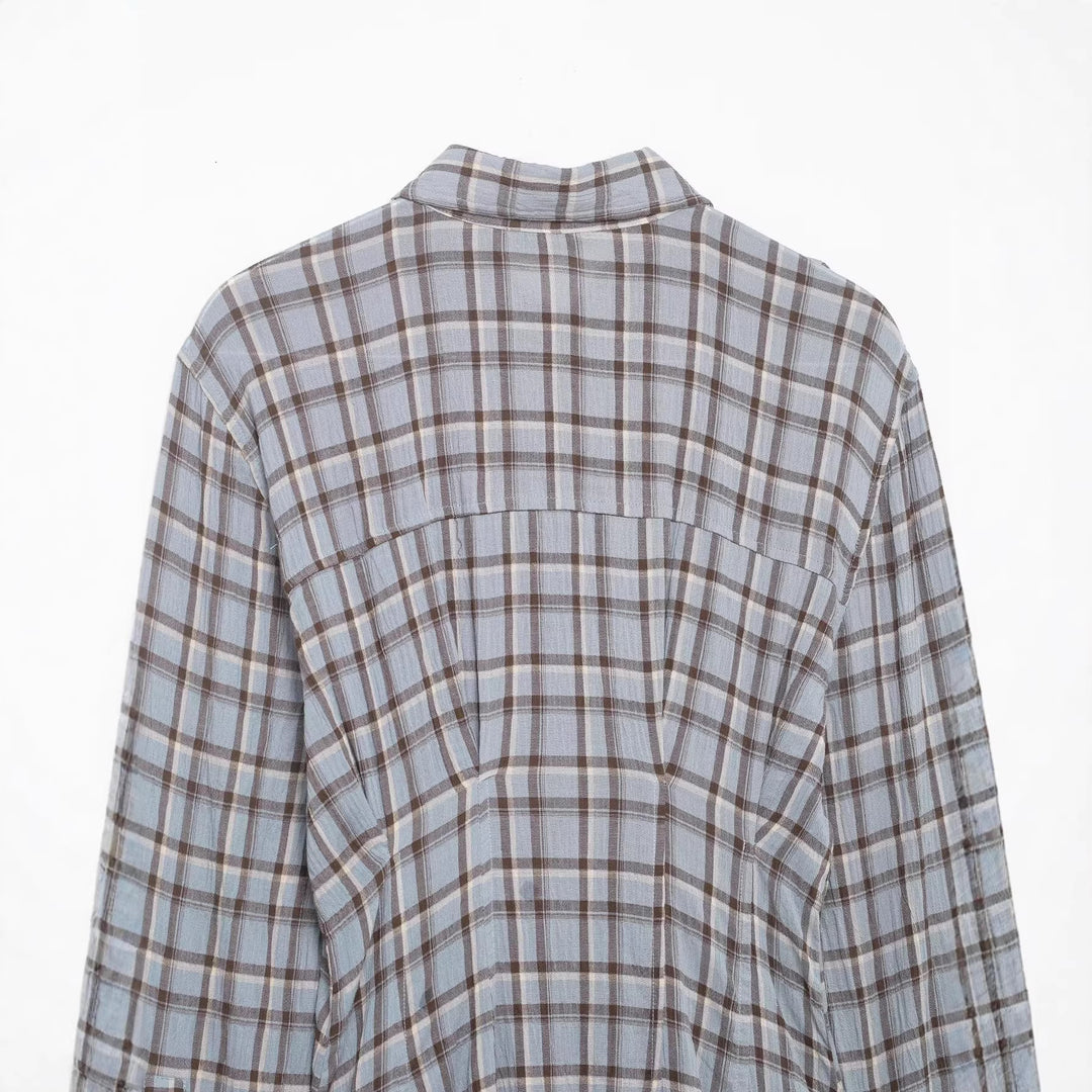 Women's Long Checked Shirt Dress with Full Button Placket and A-Line Silhouette Mune Fashion