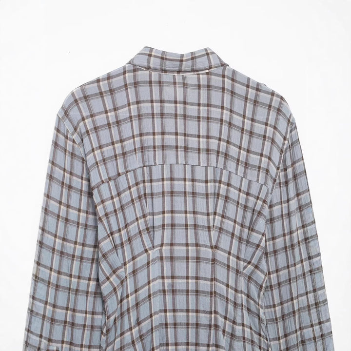 Women's Long Checked Shirt Dress with Full Button Placket and A-Line Silhouette Mune Fashion